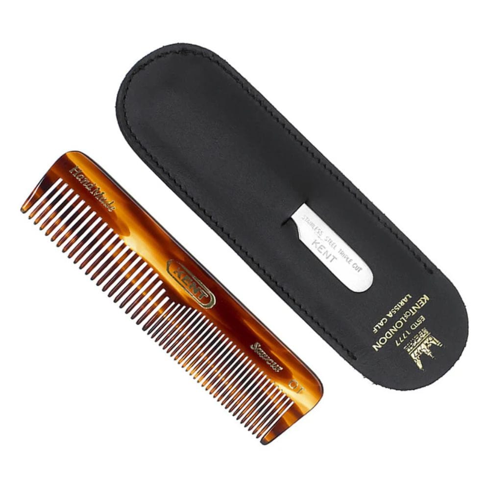 Hair Comb Kent Handmade 112mm Pocket Comb with Nail File in Leather Case